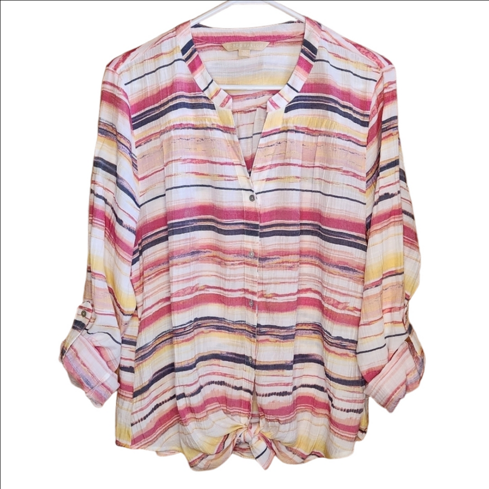 HOPE AND HARLOW MULTI COLOR STRIPE BUTTON DOWN TIE BOTTOM V NECK BLOUSE TOP XL